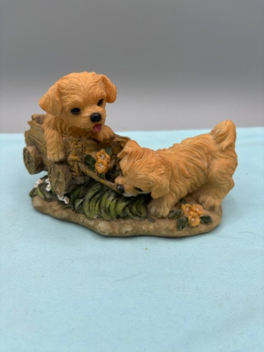Hand Painted Stoneware 2 Puppies Playing Figurine.